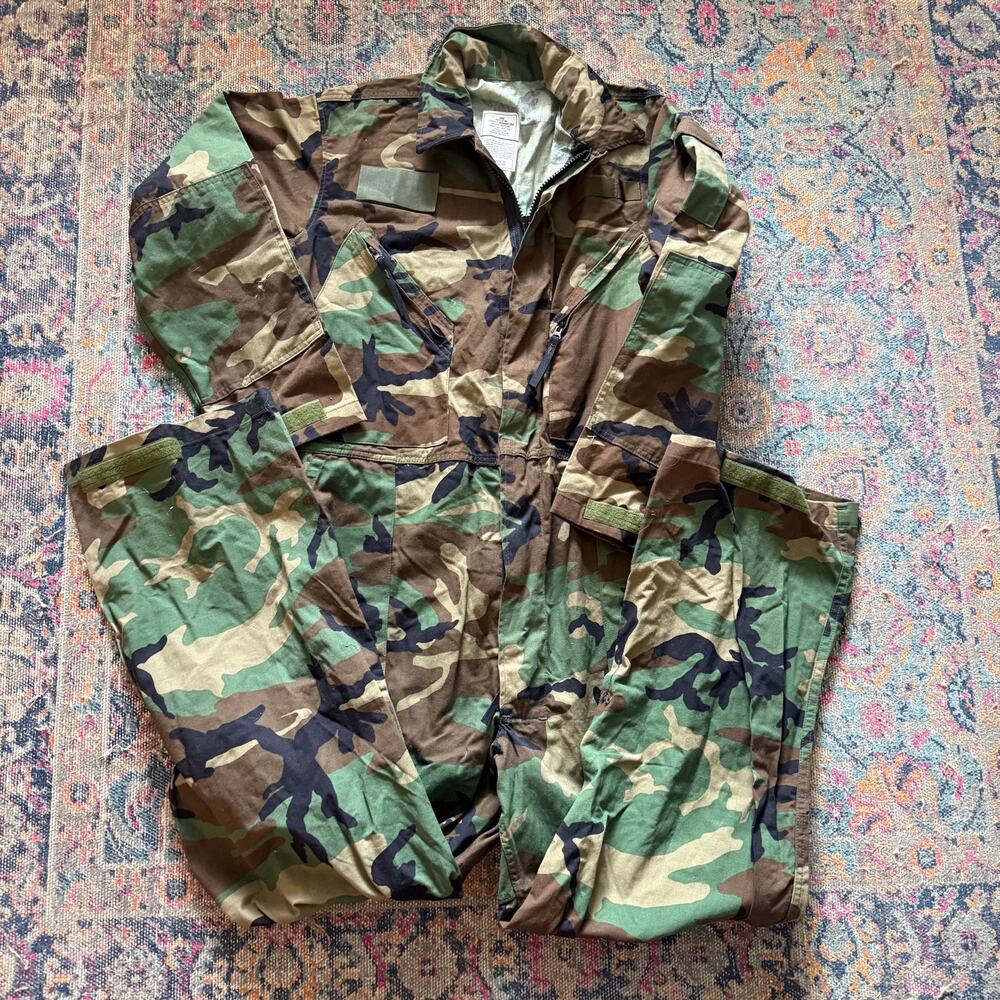 Men's Vintage US Military Woodland Camo Camouflage Mechanic Coveralls Bibs Sz L